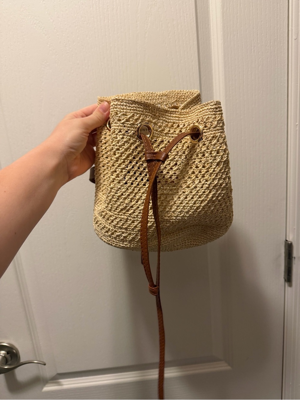 Neutral Straw Crossbody Bucket Bag with Brown Leather Strap